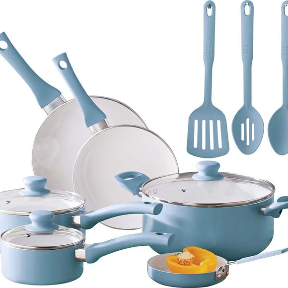 Mainstays Kitchen Mainstays 2pc Ceramic Cookware Set Blue Linen